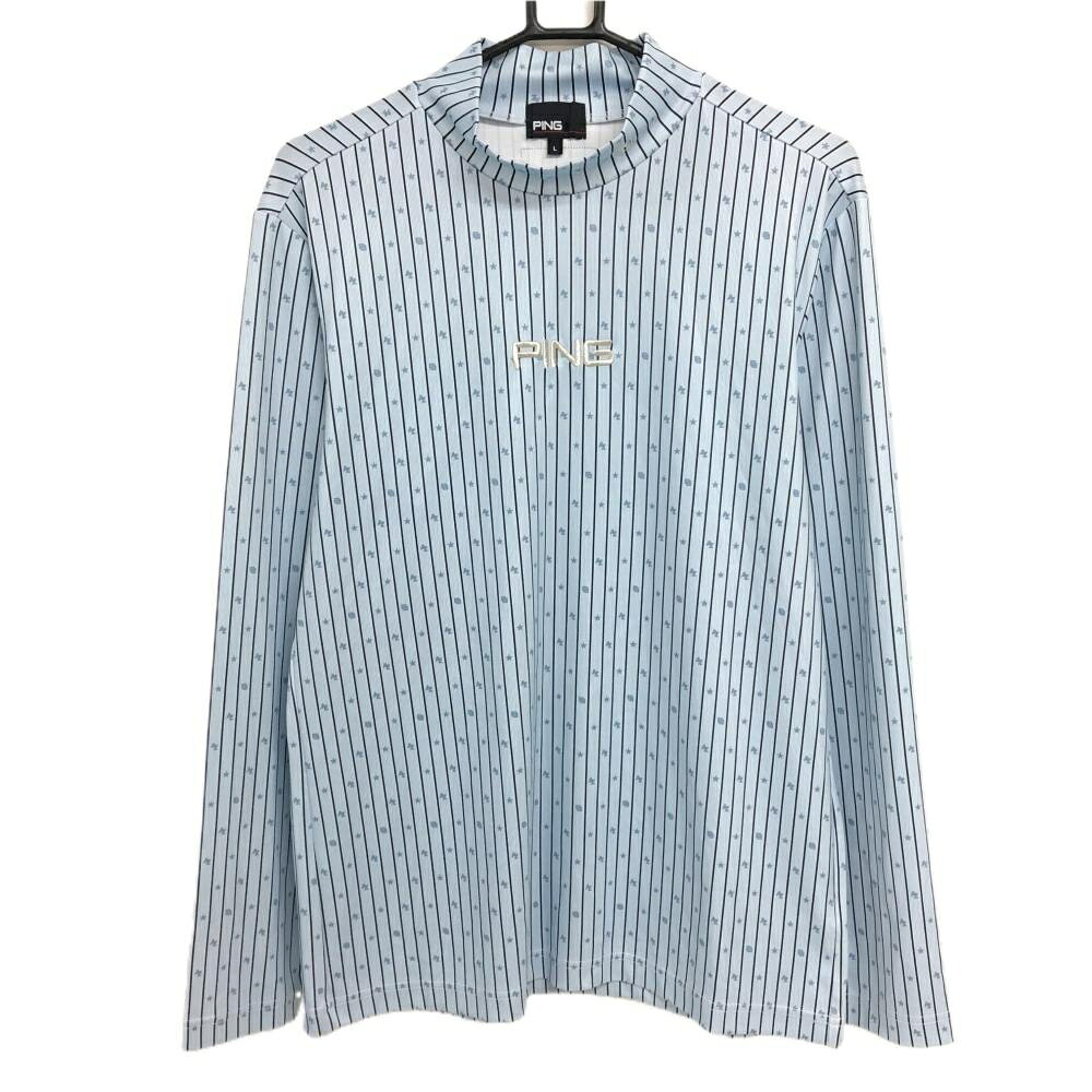 【超美品】ピン 長袖ハイネックシャツ ライトブルー×ネイビー ストライプ 星柄 メンズ L ゴルフウェア 2023年モデル PING