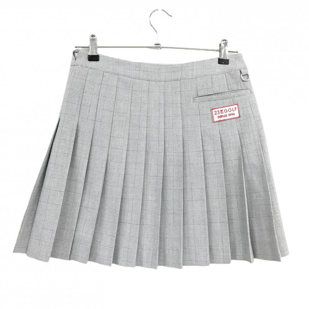 【美品】23区ゴルフ ラップスカート ライトグレー×白 チェック柄 背面プリーツ 裏地付き バックロゴ レディース 64(M) ゴルフウェア 23区