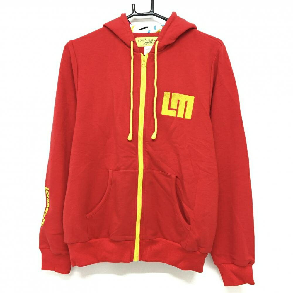 【美品】ラウドマウス ジップパーカー レッド×オレンジイエロー ビッグロゴ刺しゅう フード内側柄 レディース M ゴルフウェア LOUDMOUTH