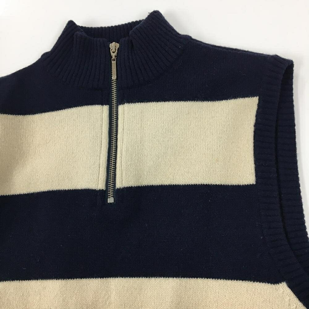 【美品】パーリーゲイツ ハイネックニットベスト アイボリー×ネイビー ボーダー ハーフジップ レディース 1(M) ゴルフウェア PEARLY GATES