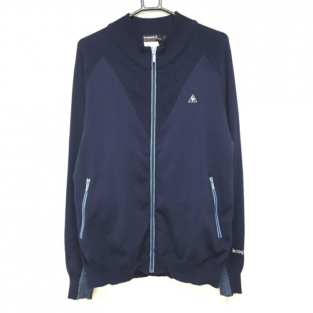【美品】ルコックゴルフ 中綿ニットジャケット ネイビー×ライトブルー 背面内側中綿 メンズ L ゴルフウェア le coq sportif