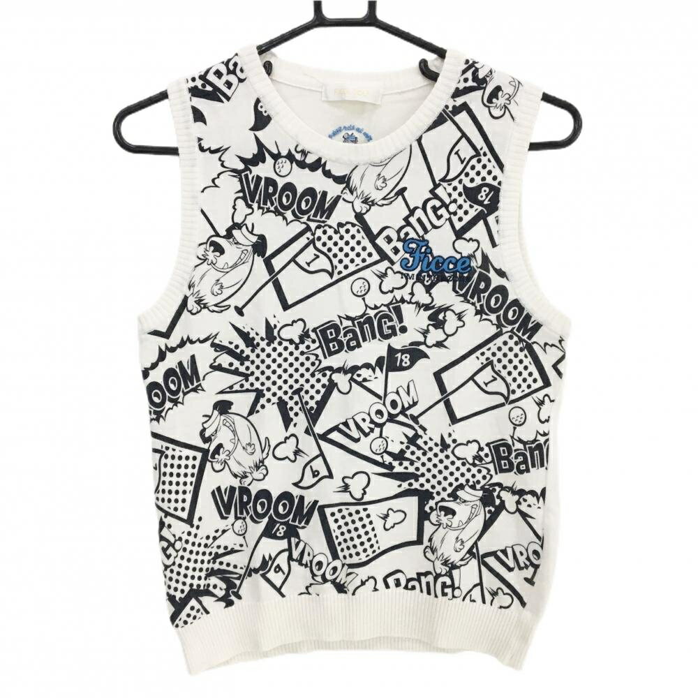 【美品】フィッチェゴルフ×Wacky Races ニットベスト 白×黒 前総柄 レディース M ゴルフウェア FICCE GOLF