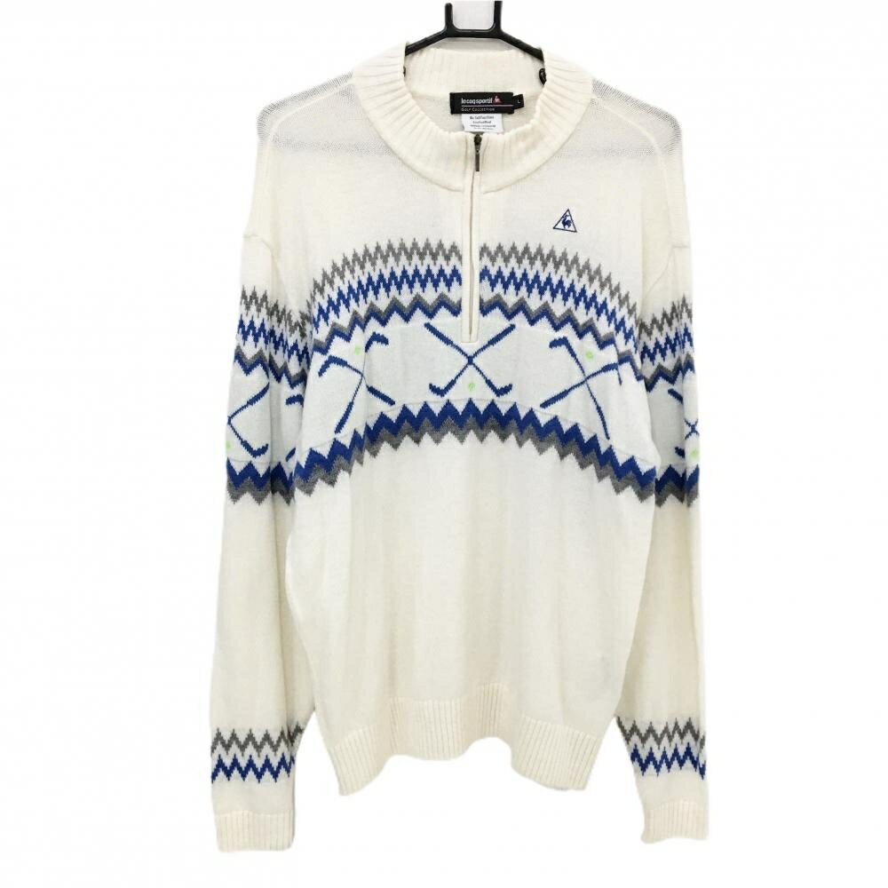 【美品】ルコックゴルフ ハイネックセーター 白×ブルー 一部柄 ハーフジップ ウール混 ニット メンズ L ゴルフウェア le coq sportif