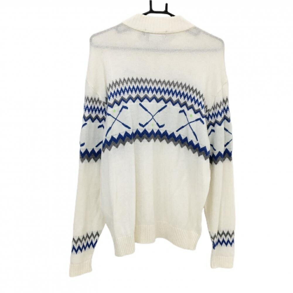 【美品】ルコックゴルフ ハイネックセーター 白×ブルー 一部柄 ハーフジップ ウール混 ニット メンズ L ゴルフウェア le coq sportif
