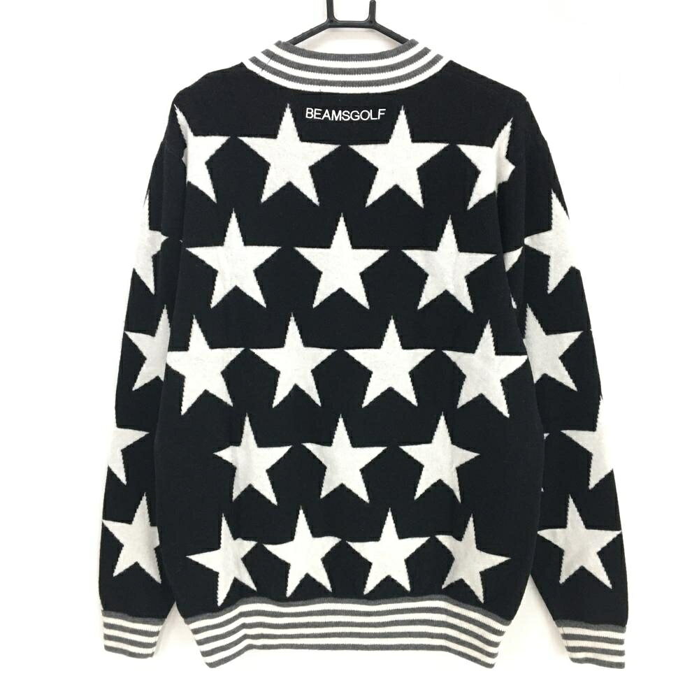 【美品】ビームスゴルフ セーター 黒×白 星総柄 ワッペン ウール混 メンズ L ゴルフウェア BEAMS GOLF