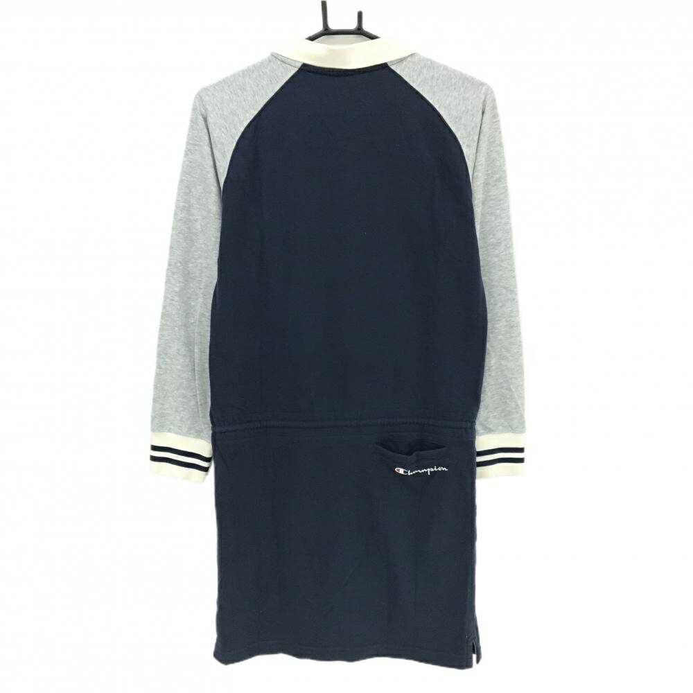 チャンピオン 襟付きワンピース ネイビー×杢グレー ウエスト調整紐 胸ロゴ レディース MEDIUM ゴルフウェア Champion