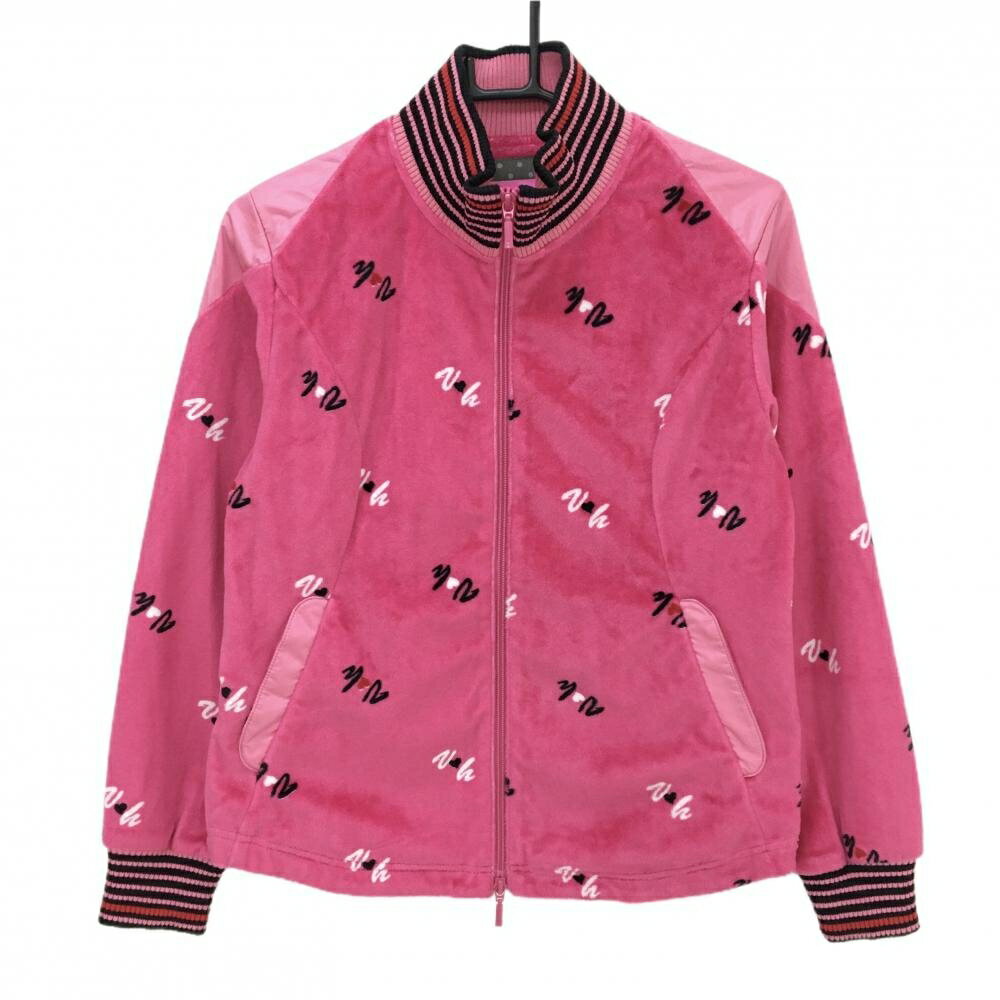 【美品】ビバハート ジャケット ピンク×黒 一部起毛 総柄 ネック・袖口ボーダー ダブルジップ レディース 42(L) ゴルフウェア VIVA HEART