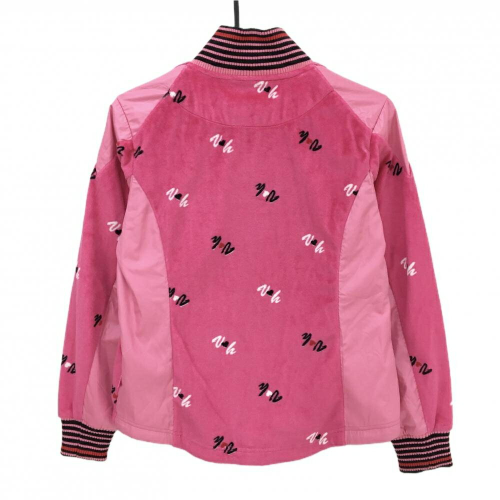 【美品】ビバハート ジャケット ピンク×黒 一部起毛 総柄 ネック・袖口ボーダー ダブルジップ レディース 42(L) ゴルフウェア VIVA HEART