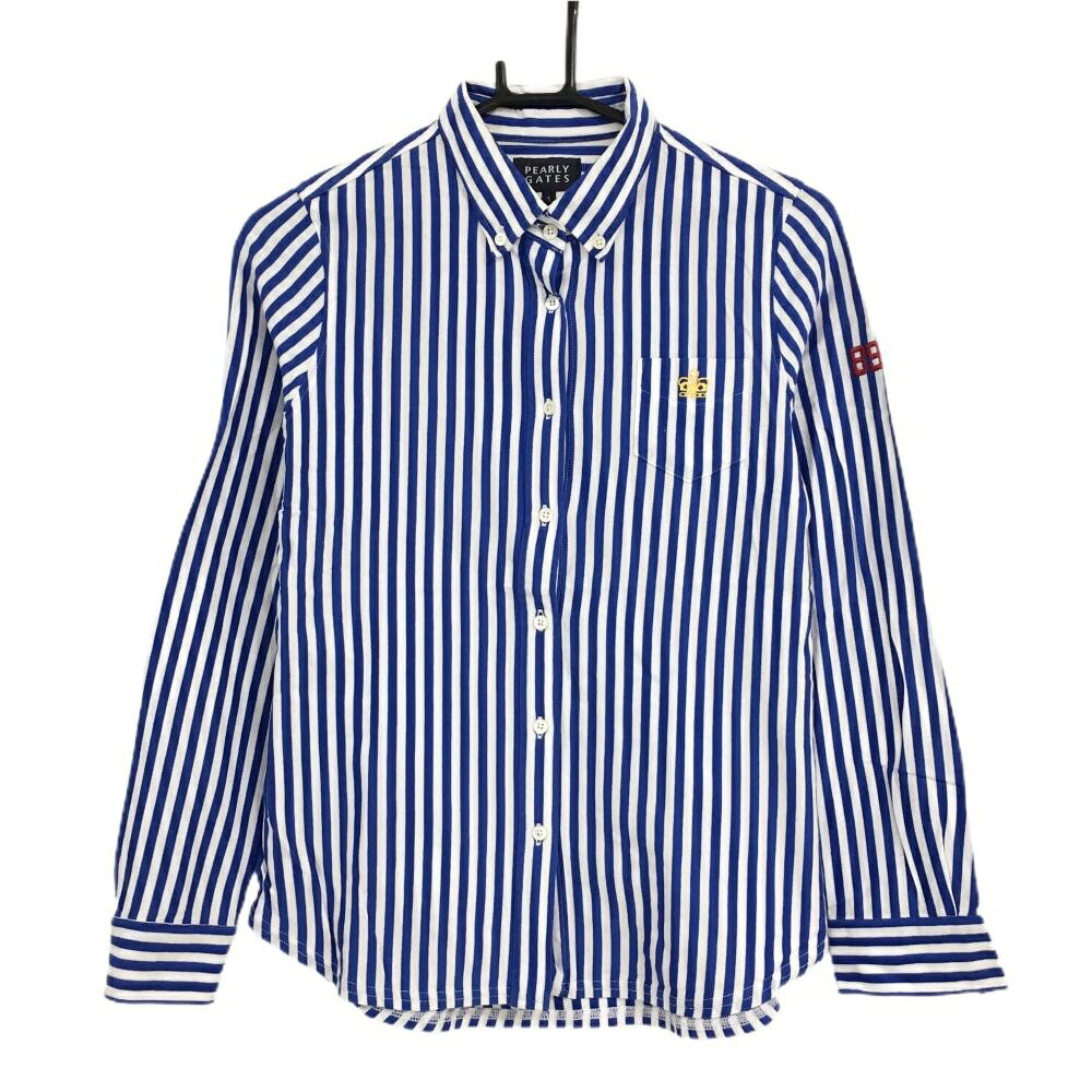 PEARLY GATES - 【美品】パーリーゲイツ 長袖シャツ 白×ブルー ストライプ ボタンダウン コットン100％ レディース 1(M) ゴルフウェア PEARLY GATES