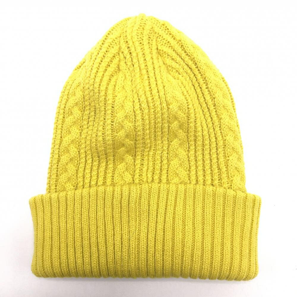 【超美品】マンシングウェア ニット帽 イエロー ケーブル編み ロゴ白 F(55-59cm) ゴルフウェア Munsingwear