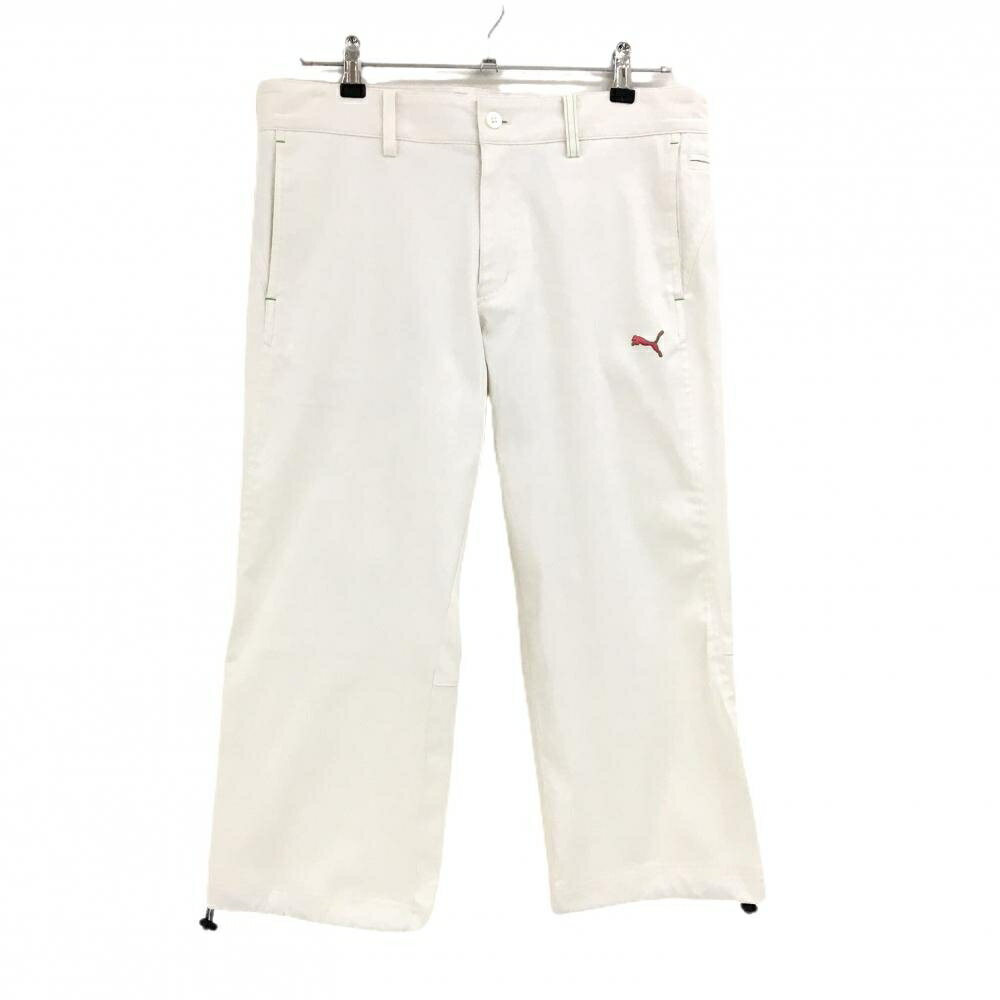 【美品】プーマ 七分丈パンツ 白×グリーン ロゴピンク 裾ドローコード メンズ 82 ゴルフウェア PUMA