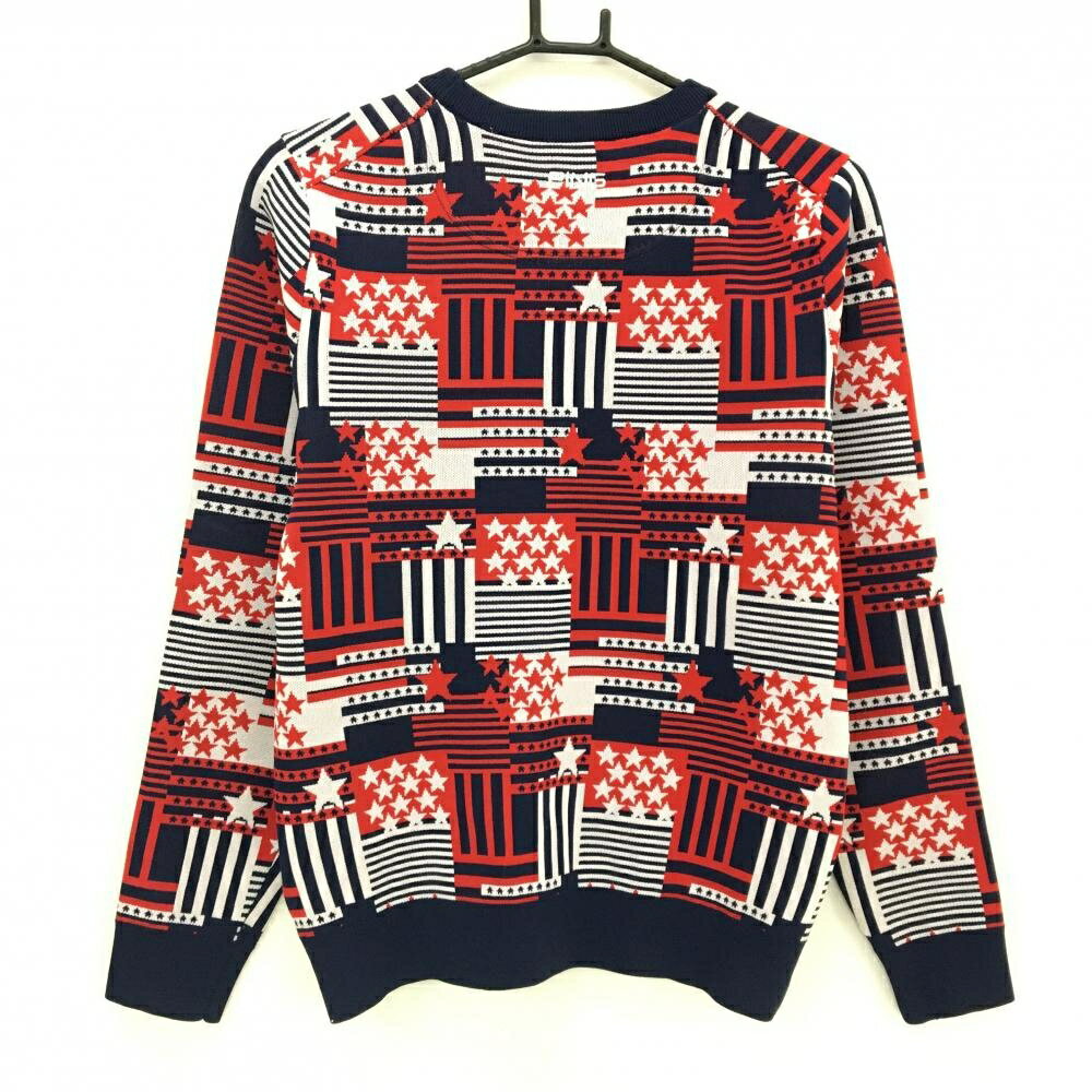 【超美品】ピン セーター レッド×ネイビー×白 総柄 星柄 ストライプ ニット レディース M ゴルフウェア PING