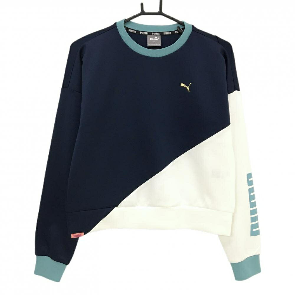 【超美品】プーマ トレーナー ネイビー×白 切替 袖ロゴ DRYCELL レディース L ゴルフウェア PUMA
