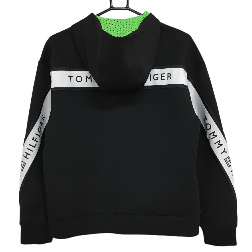 【超美品】トミーヒルフィガー ジップパーカー 黒 フード内側蛍光グリーン ロゴライン レディース L ゴルフウェア Tommy Hilfiger Golf