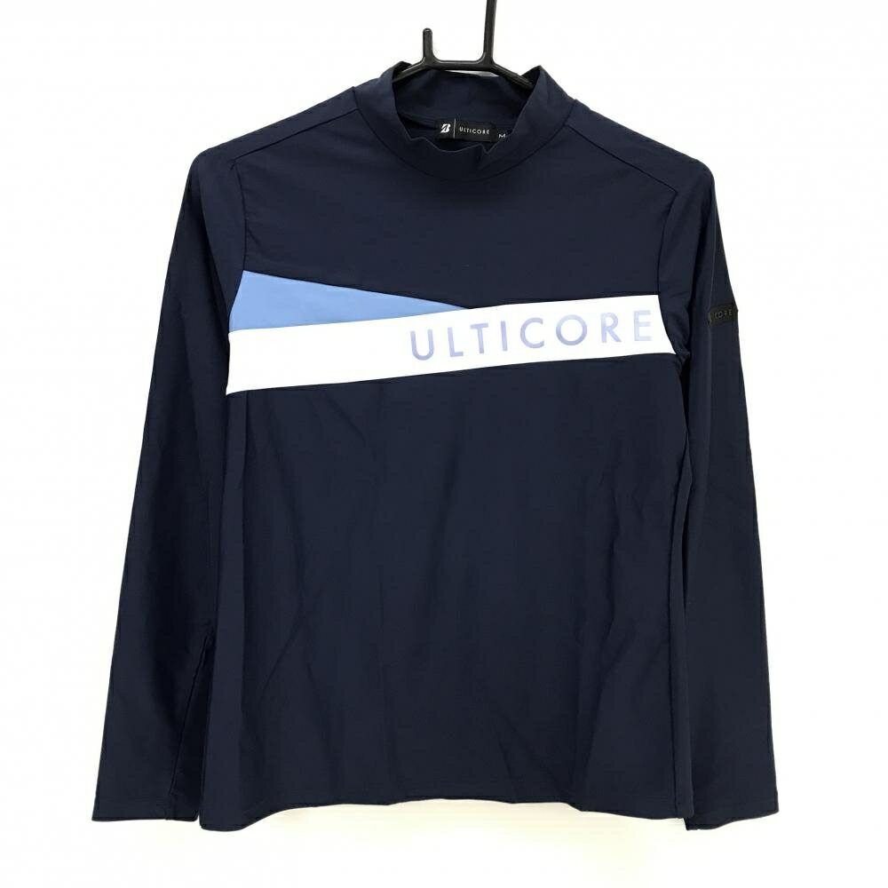 【美品】ブリヂストン 長袖ハイネックシャツ ネイビー×白 胸元プリント バイカラーULTICORE レディース M ゴルフウェア Bridgestone