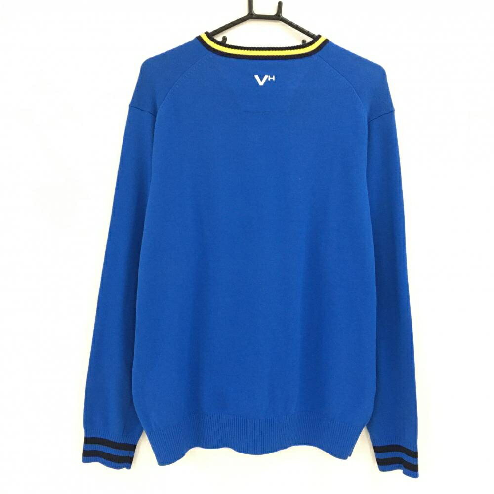 【美品】ビバハート セーター ブルー×イエロー ニット アクリル混 Vネック メンズ 52(XL) ゴルフウェア VIVA HEART
