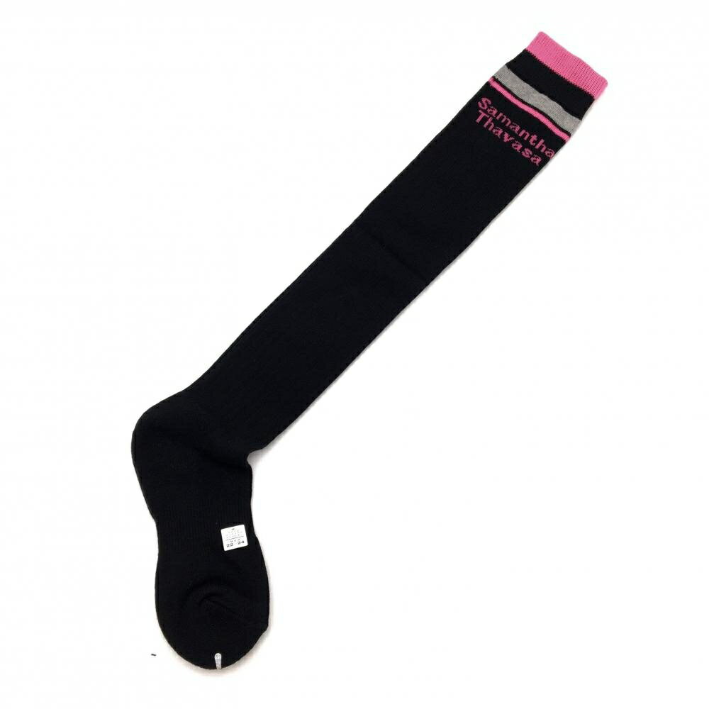 【未使用品】サマンサタバサ ニーハイソックス 黒×ピンク ロゴ レディース 22-24 ゴルフウェア Samantha Thavasa