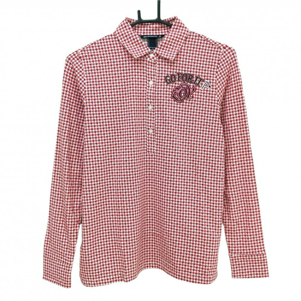 【新品】ゾーイ 長袖ポロシャツ レッド×白 千鳥格子 ロゴ刺しゅう レディース 38(M) ゴルフウェア ZOY