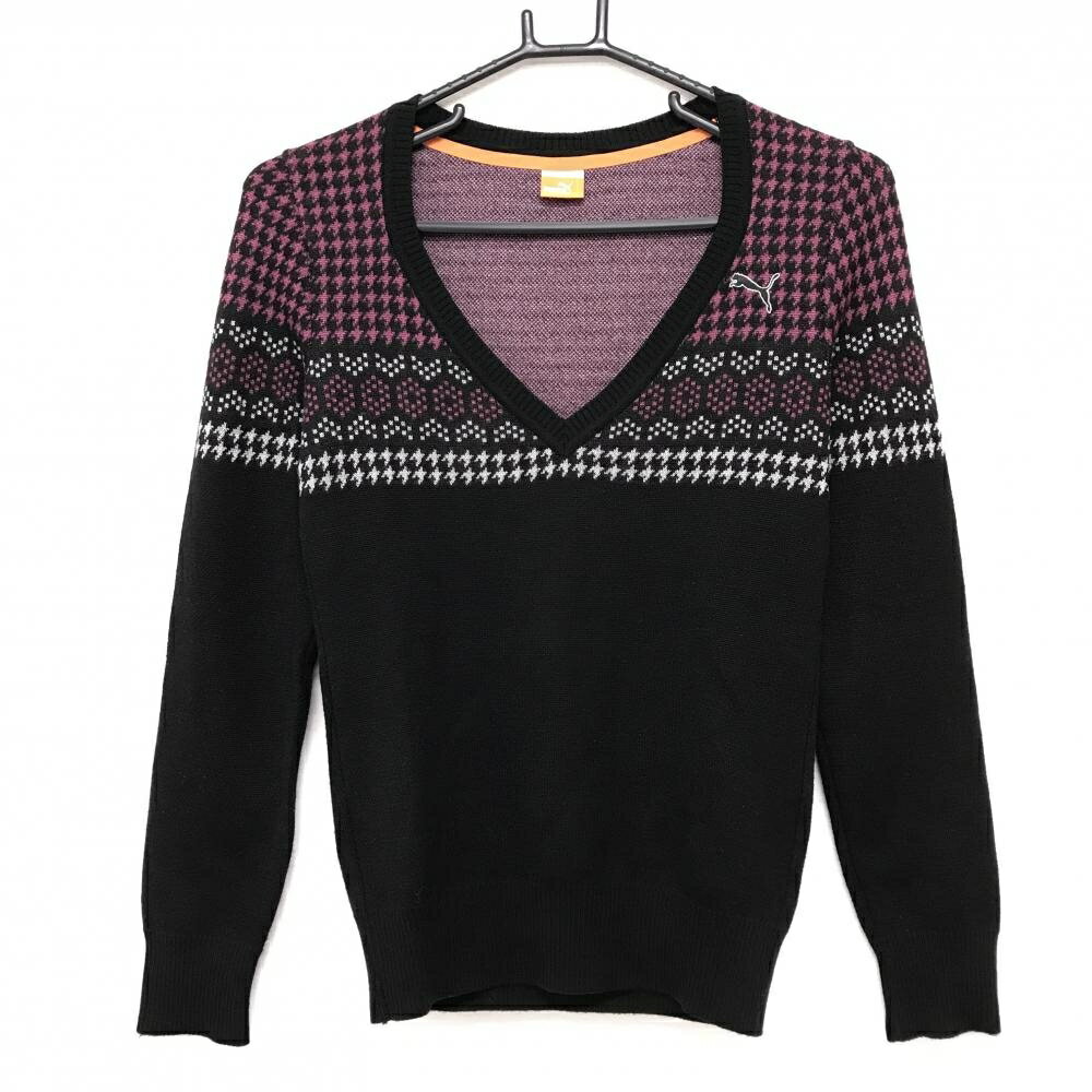 プーマ セーター 黒×ピンク 上部千鳥格子 Vネック ウール混 ニット レディース S ゴルフウェア PUMA