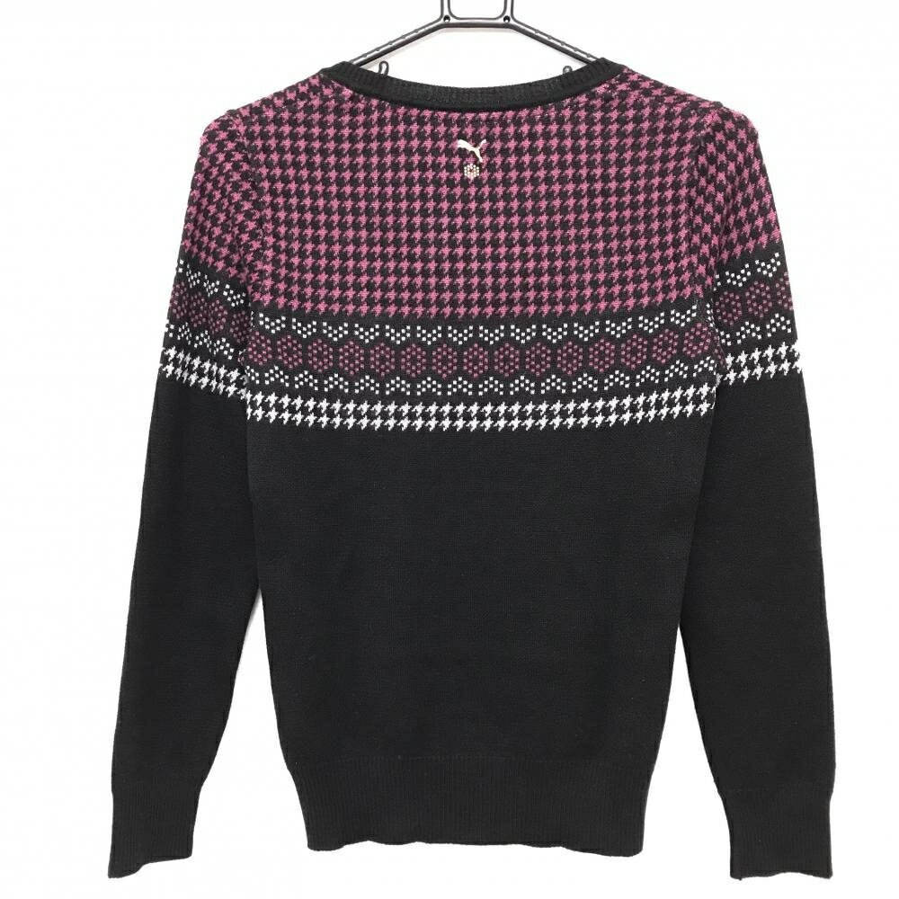 プーマ セーター 黒×ピンク 上部千鳥格子 Vネック ウール混 ニット レディース S ゴルフウェア PUMA