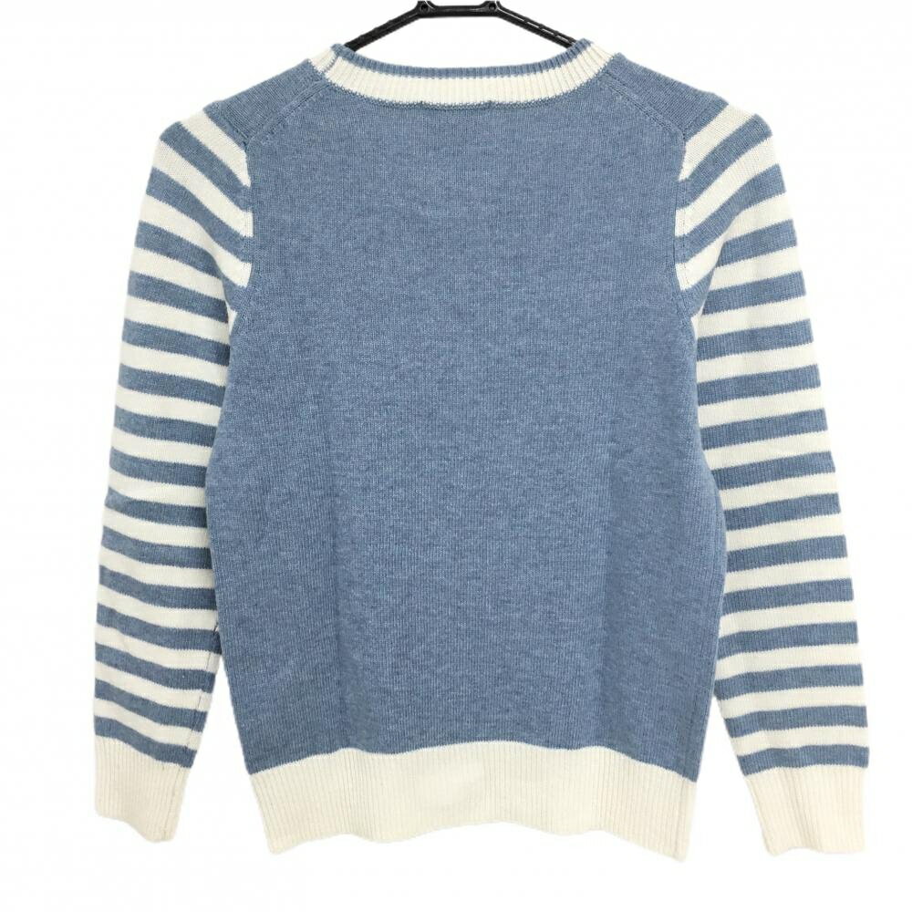 【超美品】ジュンアンドロペ セーター ライトブルー×白 袖ボーダー ニット ウール混 ネコ レディース S ゴルフウェア JUN＆ROPE