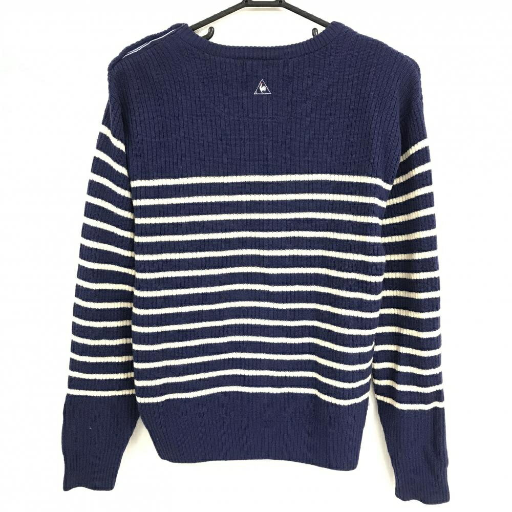 ルコックゴルフ セーター ネイビー×アイボリー ボーダー Vネック 肩ボタン ウール100％ ニット メンズ M ゴルフウェア le coq sportif