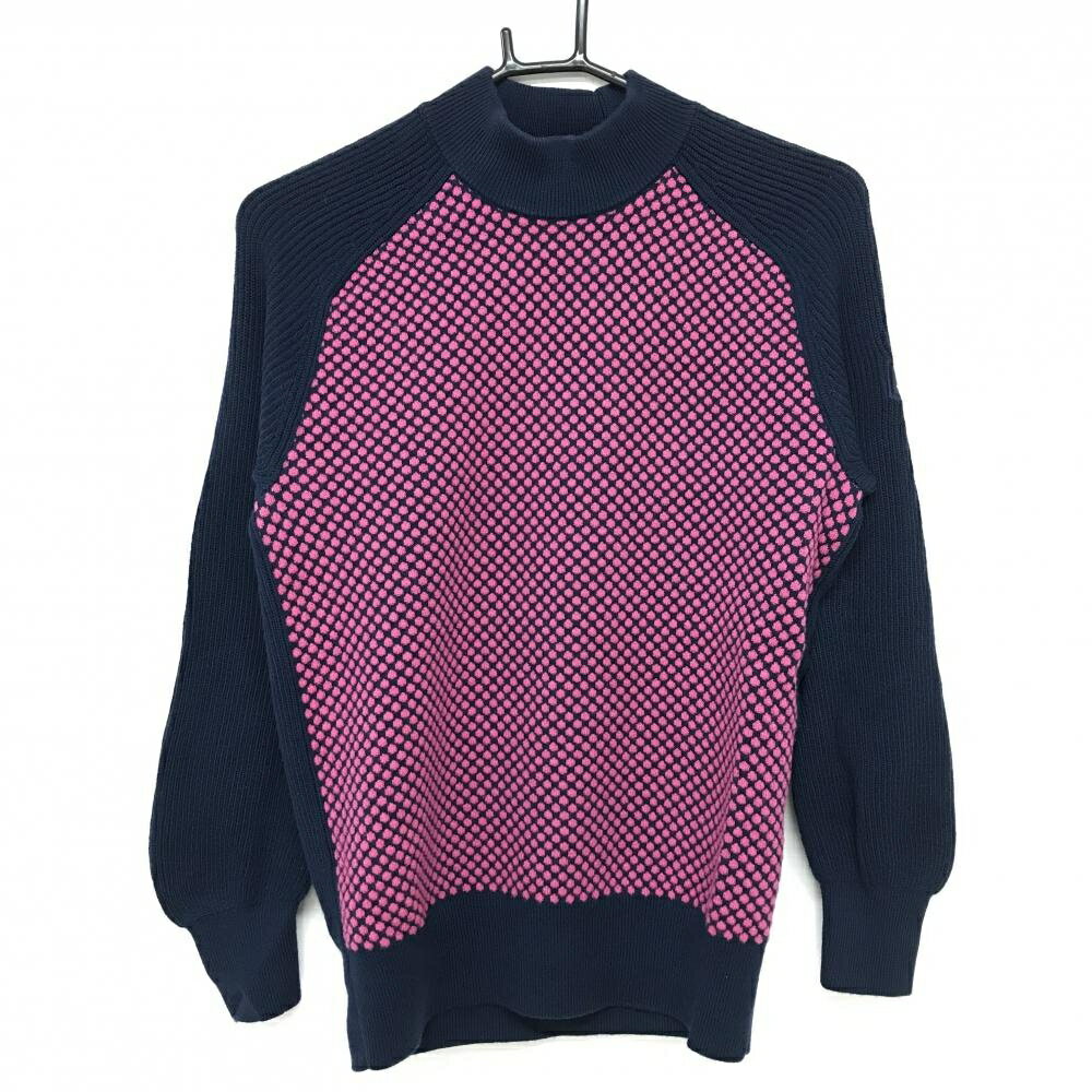【美品】タイトリスト ハイネックセーター ネイビー×ピンク 前身頃ドット柄 ウール100％ ニット レディース L ゴルフウェア TITLEIST