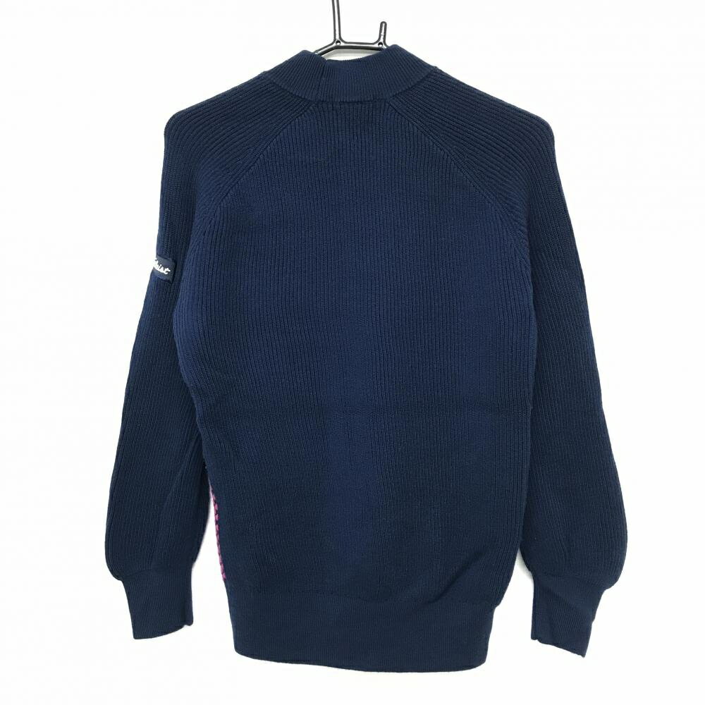 【美品】タイトリスト ハイネックセーター ネイビー×ピンク 前身頃ドット柄 ウール100％ ニット レディース L ゴルフウェア TITLEIST