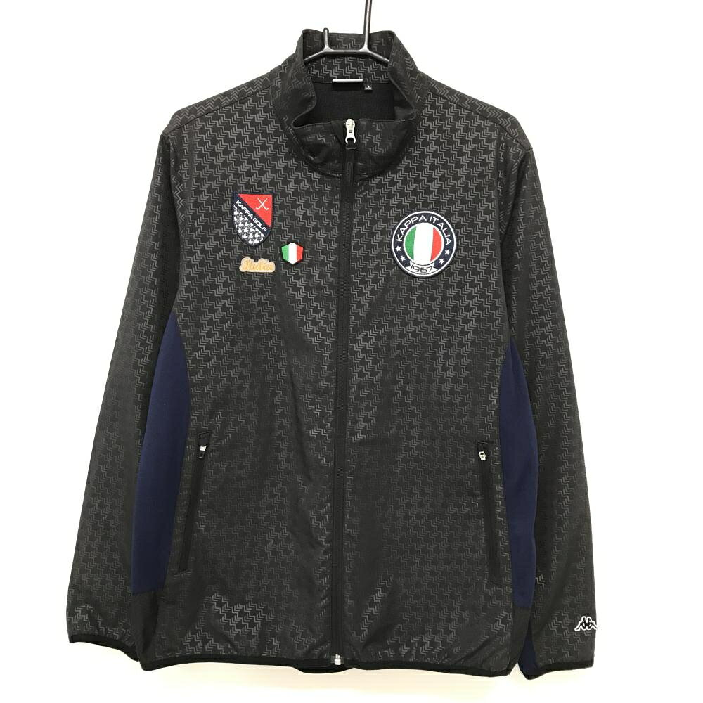 【美品】カッパ 切替ジャケット 黒×ダークグレー 総柄 サイドネイビー 複数ワッペン メンズ LL ゴルフウェア Kappa
