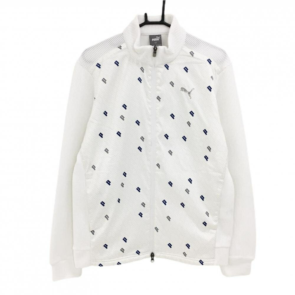 【当店ポイント5倍！2月1日限り】【超美品】プーマ 切替ニットジャケット 白×ライトグレー 前身頃英字柄 立体ロゴ メンズ L ゴルフウェア PUMA
