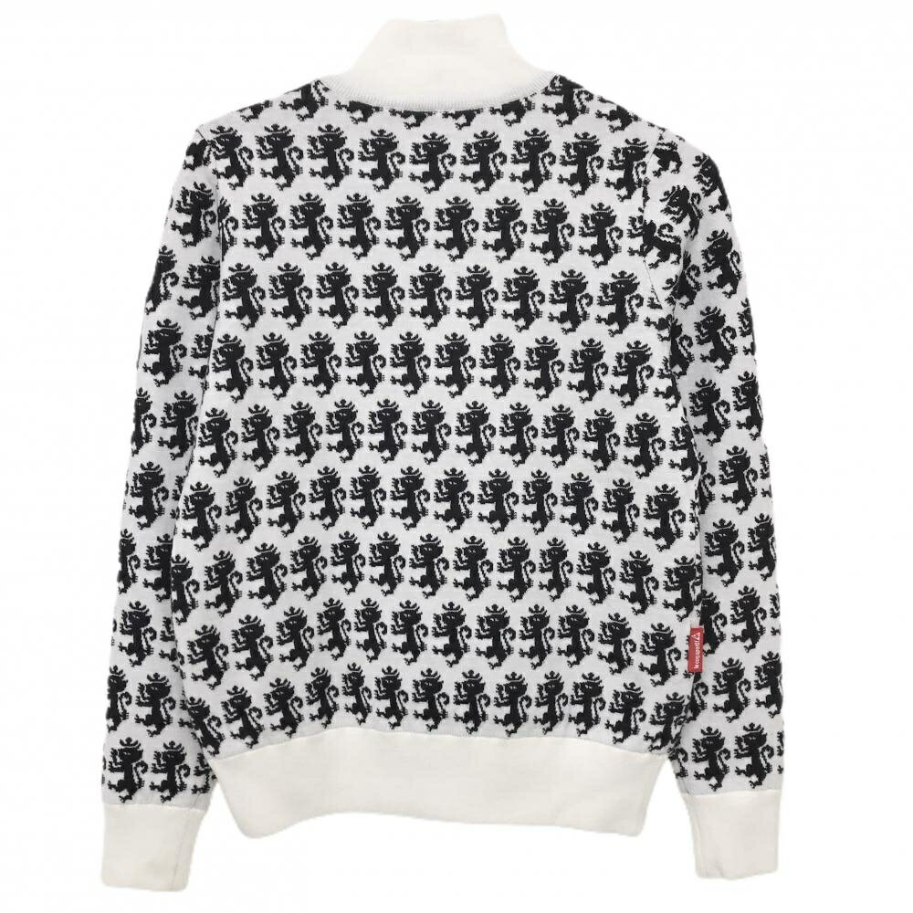 【美品】ルコックゴルフ ニットジャケット 白×黒 総柄 ウール混 裏地付き レディース M ゴルフウェア le coq sportif
