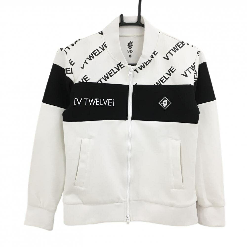 V12 ジャケットブルゾン 白×黒 上部英字ロゴ柄 ダンボールニット風 ダブルジップ レディース 0(S) ゴルフウェア V12