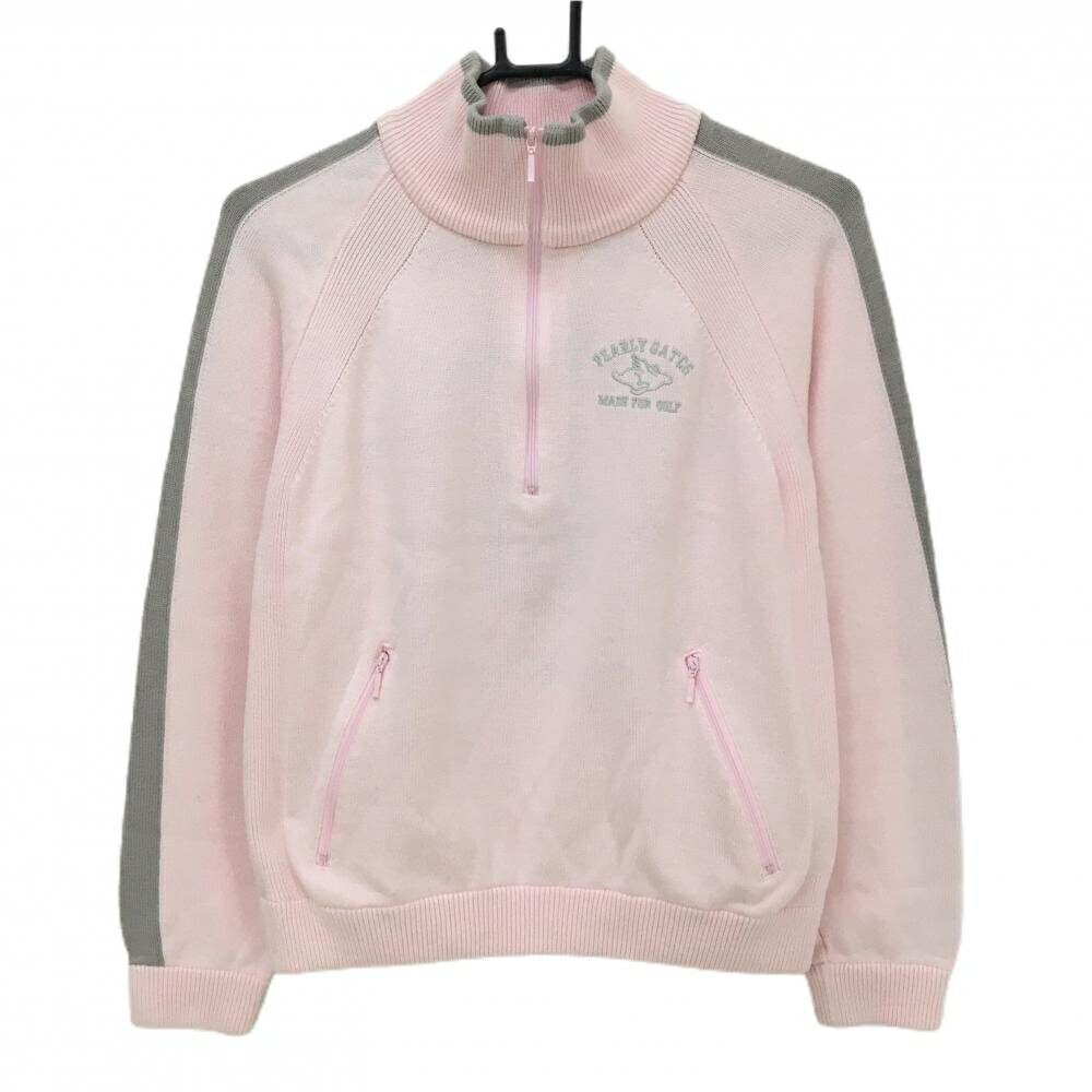PEARLY GATES - パーリーゲイツ ハイネックセーター ライトピンク×グレー ハーフジップ 後ろロゴ ニット レディース 1(M) ゴルフウェア PEARLY GATES