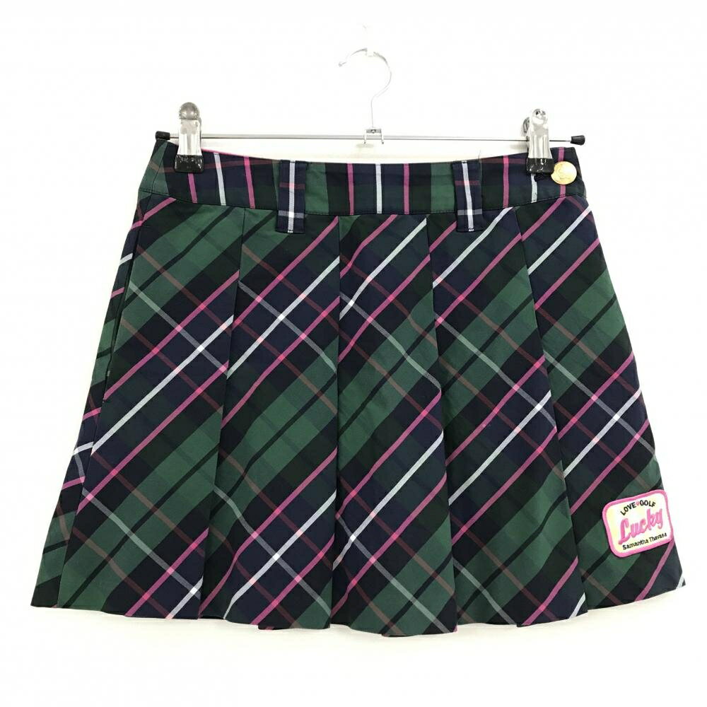 【美品】サマンサタバサ プリーツスカート グリーン×ネイビー チェック レディース 36(S) ゴルフウェア Samantha Thavasa