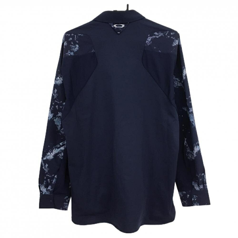 オークリー 長袖シャツ ネイビー×白 前総柄 スナップボタン メンズ XL ゴルフウェア Oakley