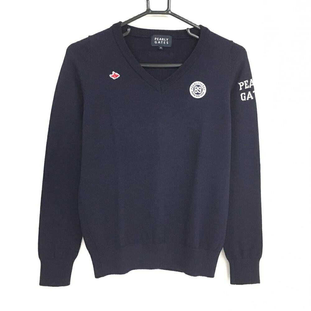 PEARLY GATES - 【美品】パーリーゲイツ セーター ネイビー×白 袖ロゴ Vネック ウール100％ ニット レディース 0(S) ゴルフウェア PEARLY GATES