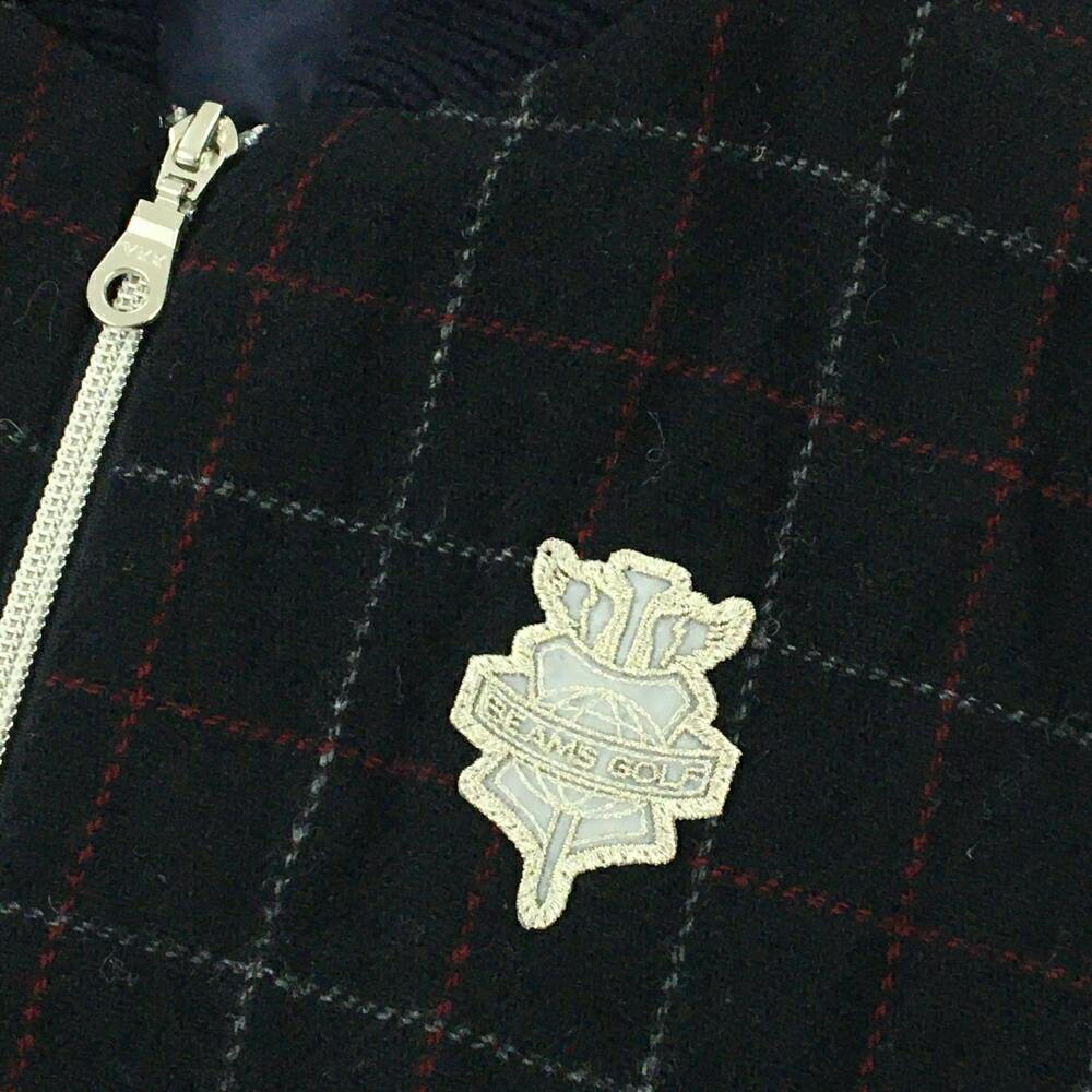 ビームスゴルフ 切替ニットジャケット ネイビー×レッド 前身頃格子チェック ウール混 裏地付 レディース L ゴルフウェア BEAMS GOLF