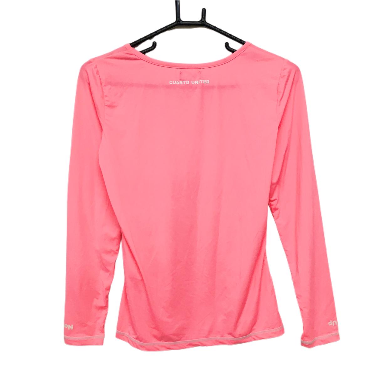 【超美品】クアルトユナイテッド インナーシャツ ピンク×白 ロゴプリント ストレッチ レディース M ゴルフウェア CUARTO UNITED