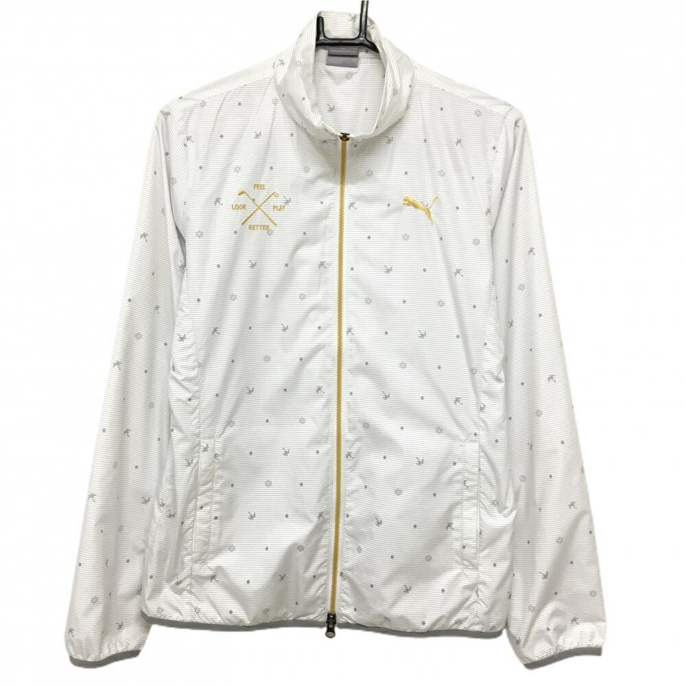 【美品】プーマ ジャケット 白×グレー ボーダー 総柄 ヤシの木 ダブルジップ 裏地メッシュ レディース XL ゴルフウェア PUMA
