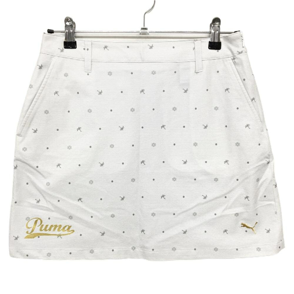 【美品】プーマ スカート 白×グレー ボーダー ドット ヤシの木 レディース L ゴルフウェア PUMA