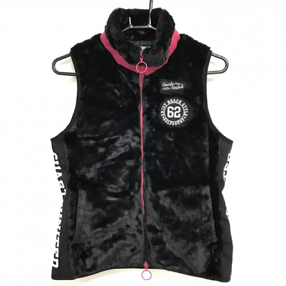 【美品】クアルトユナイテッド アウターボアベスト 黒×ピンク サイド切替ロゴ レディース M ゴルフウェア CUARTO UNITED