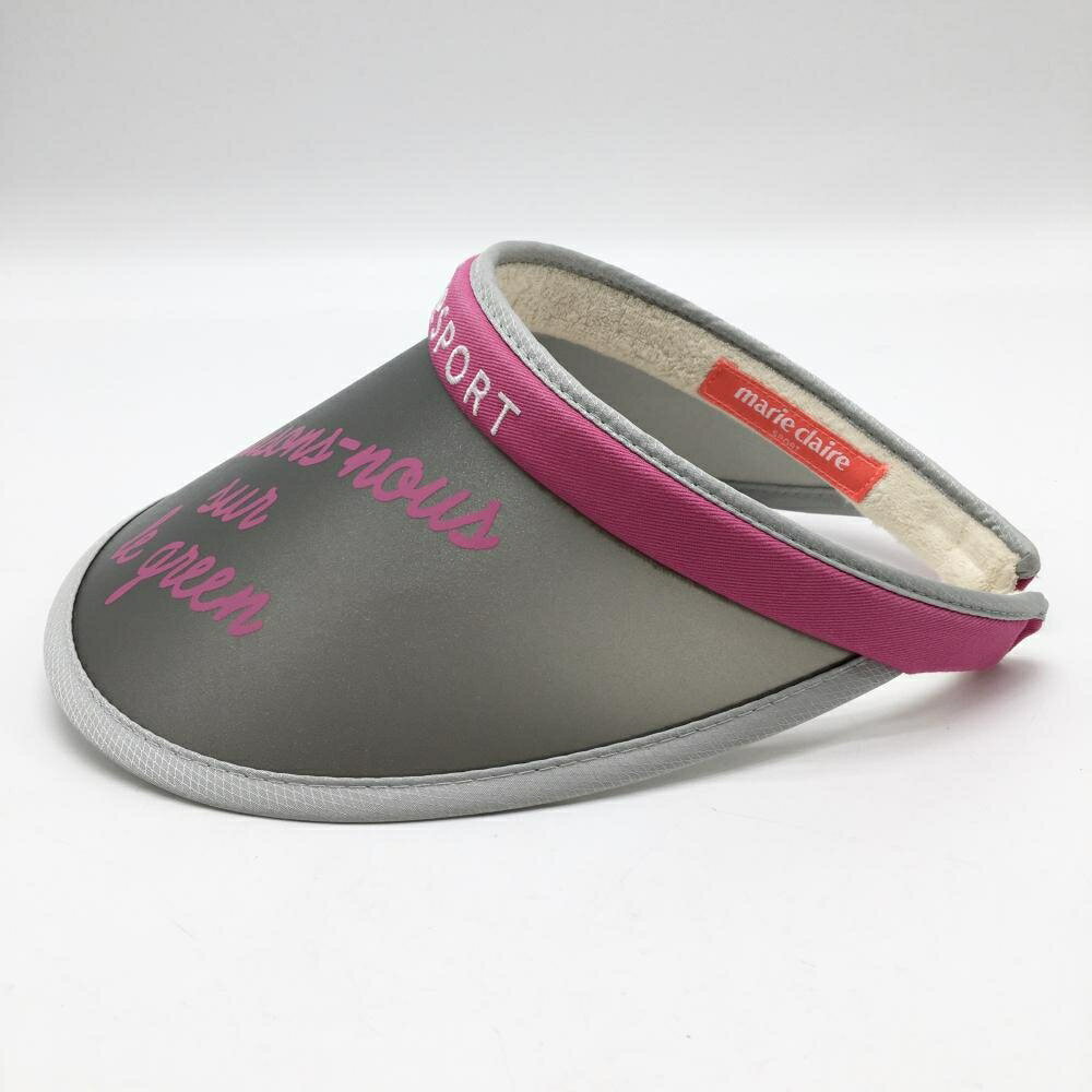【美品】マリクレールスポール つば広サンバイザー グレー×ピンク つば透け感 ロゴ レディース ゴルフウェア marie claire