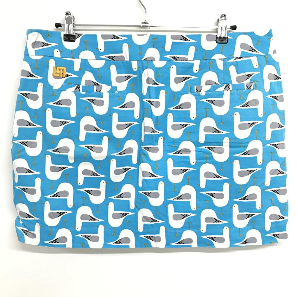 【美品】ラウドマウス スカート ライトブルー×白 鳥総柄 ロゴ刺しゅう レディース US-14 ゴルフウェア 大きいサイズ LOUDMOUTH