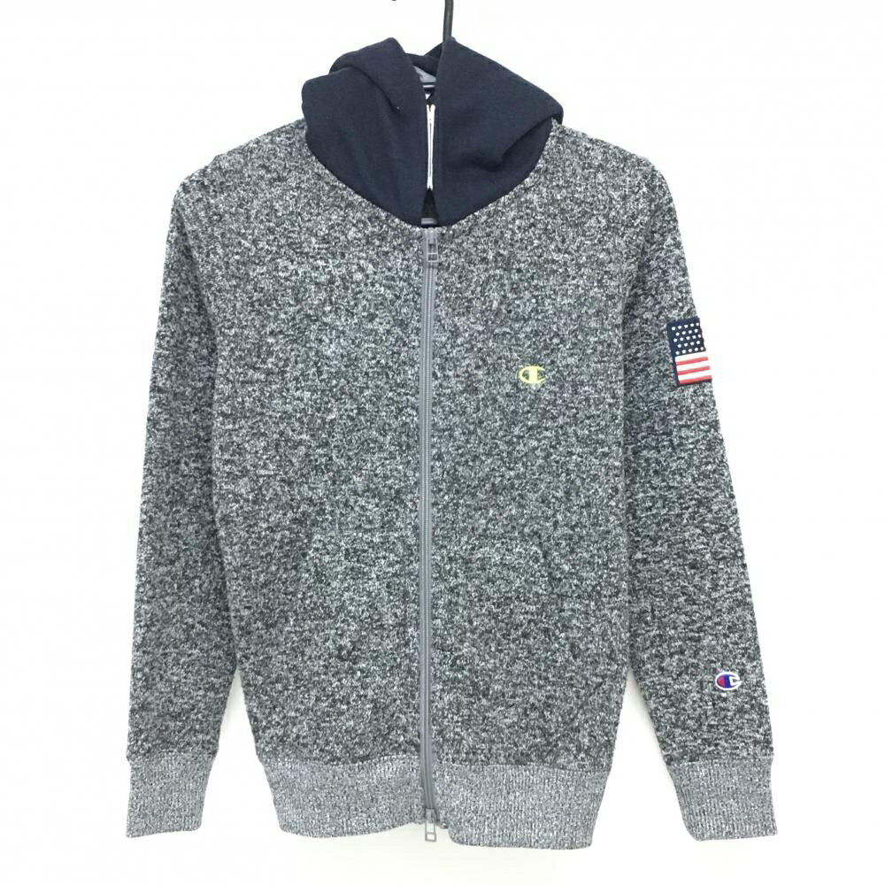 【美品】チャンピオン ニットジップパーカー 杢グレー×ネイビー 裏起毛 ロゴ刺しゅう レディース LARGE ゴルフウェア Champion