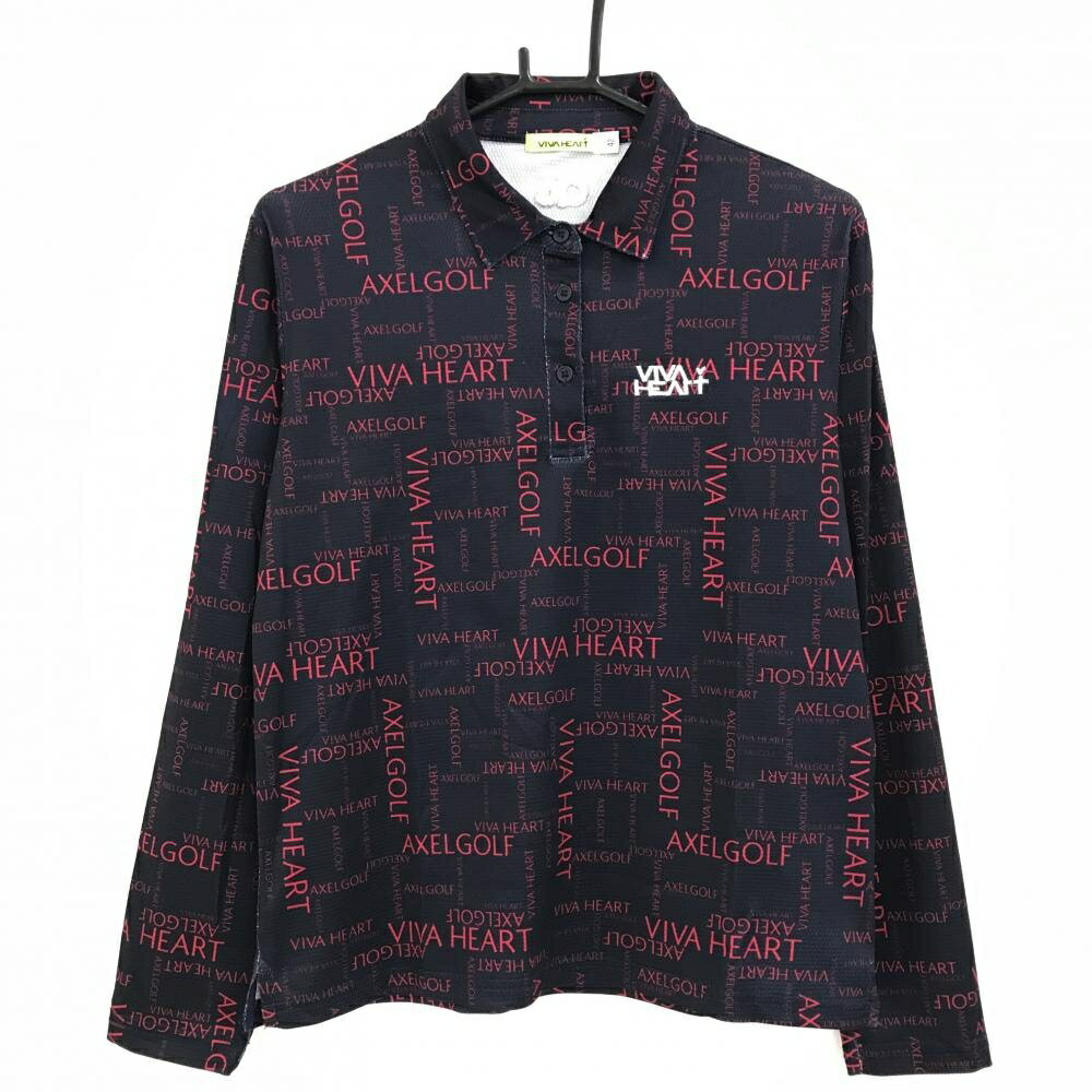 VIVA HEART - ビバハート 長袖ポロシャツ ダークネイビー×レッド 英字総柄 ロゴ刺しゅう レディース 42(L) ゴルフウェア VIVA HEART