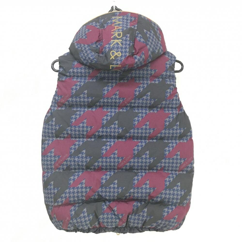 【美品】マークアンドロナ ダウンベスト ネイビー×グレー×ボルドー 千鳥格子 フード取外し可 レディース M ゴルフウェア MARK＆LONA