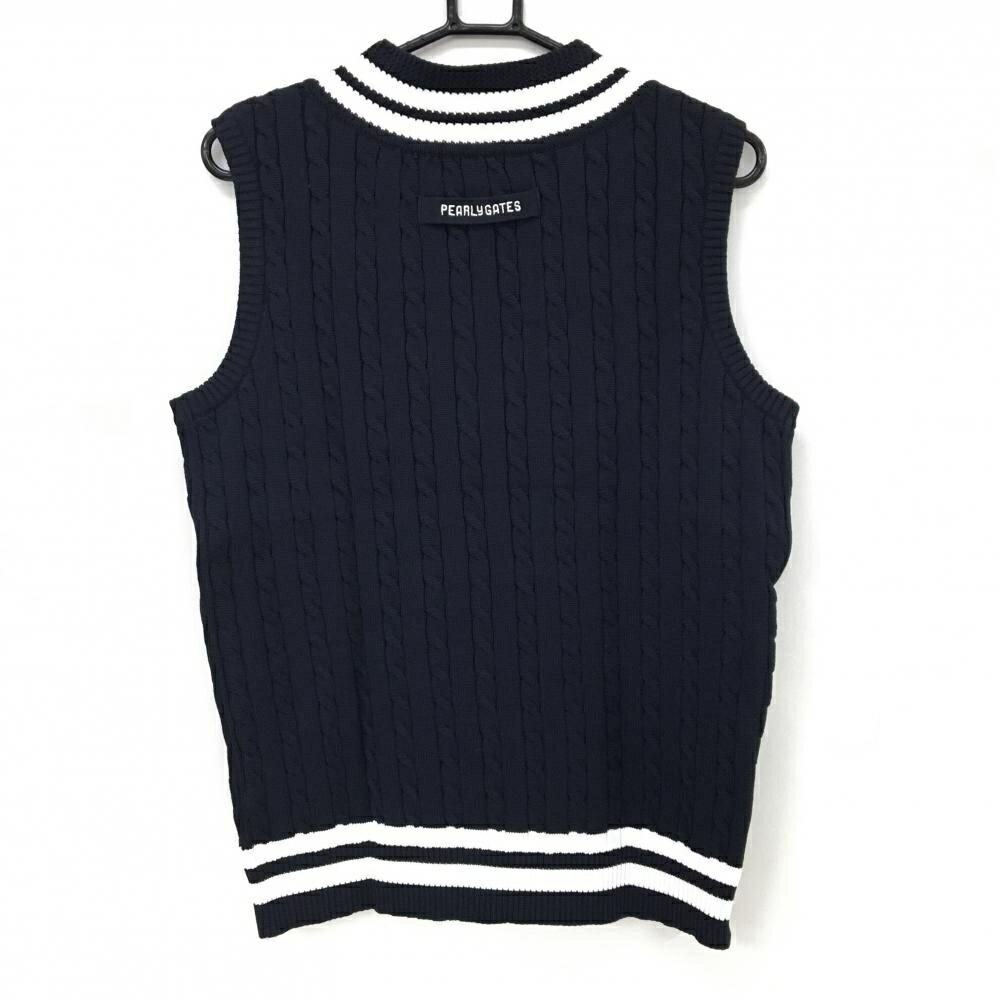 【超美品】パーリーゲイツ ニットベスト ネイビー×白 Vネック ケーブル編み メンズ 5(L) ゴルフウェア PEARLY GATES