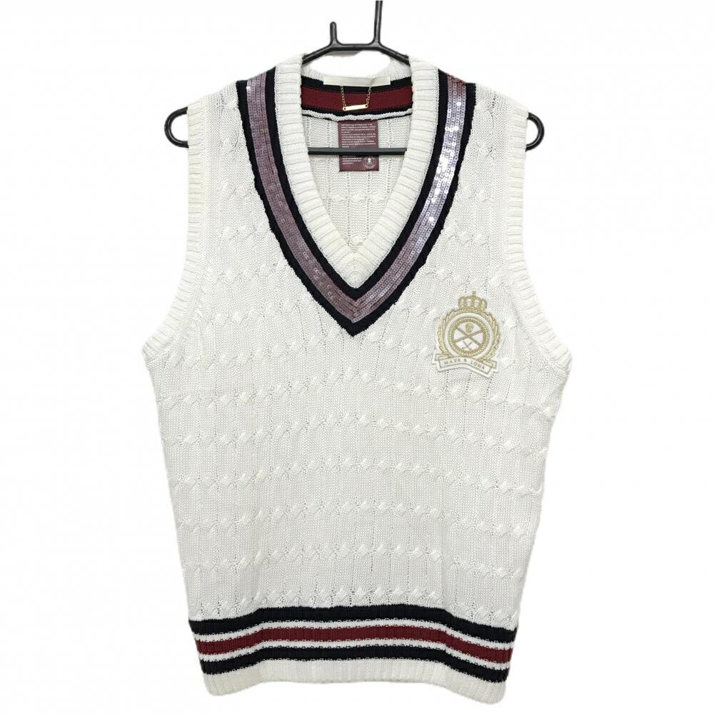 【美品】マークアンドロナ ニットベスト 白×黒 Vネック ワッペン スカル メンズ L ゴルフウェア MARK＆LONA