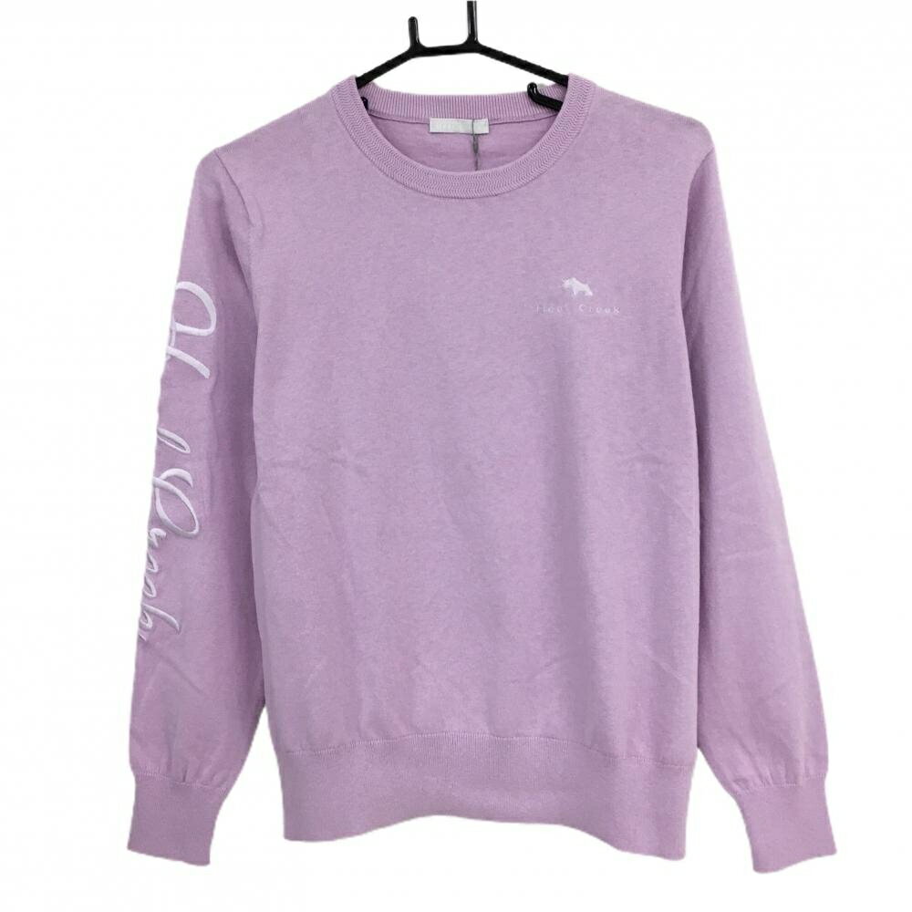 【新品】ヒールクリーク セーター ピンクパープル 袖刺しゅう コットン100％ ニット レディース 42(L) ゴルフウェア Heal Creek