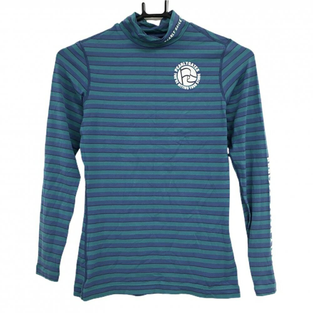 【美品】パーリーゲイツ ハイネックインナーシャツ グリーン×ネイビー ボーダー ロゴプリント レディース 0(S) ゴルフウェア PEARLY GATES